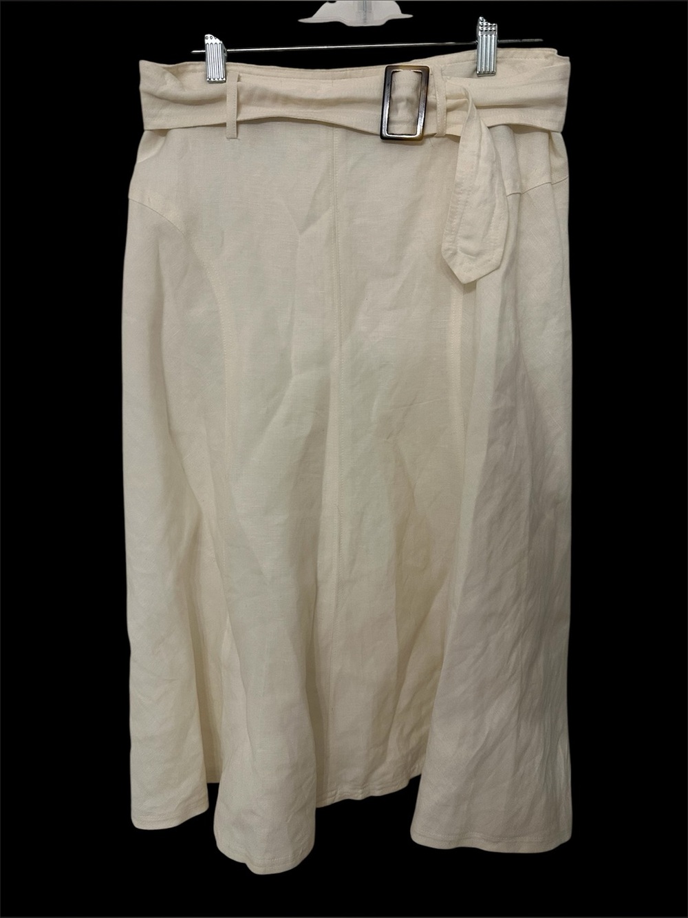 east5th Women's Beige Solid Linen blend A-Line Midi Skirt Lined Zip Size 8